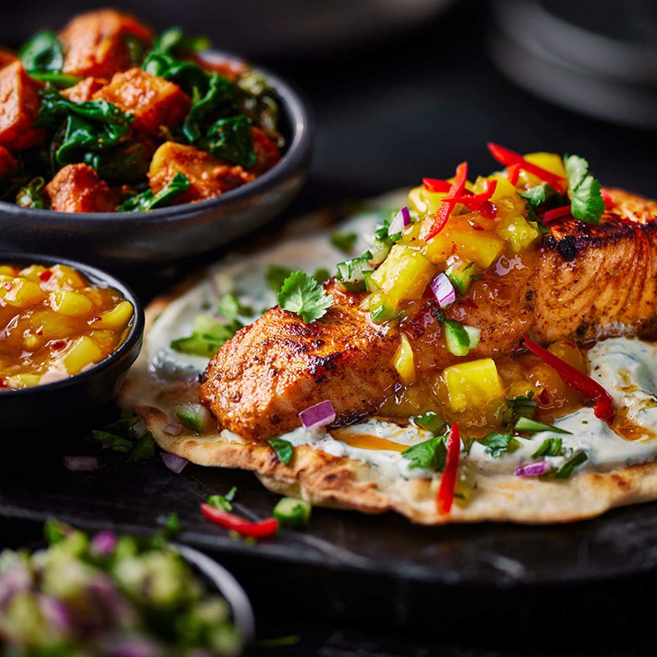 Poppy O’Toole's Charred Tikka Salmon with Flatbreads, Saag Aloo and Speedy Mango Chutney