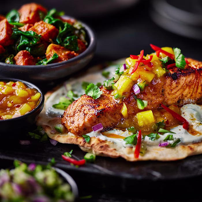 Poppy O’Toole's Charred Tikka Salmon with Flatbreads, Saag Aloo and Speedy Mango Chutney