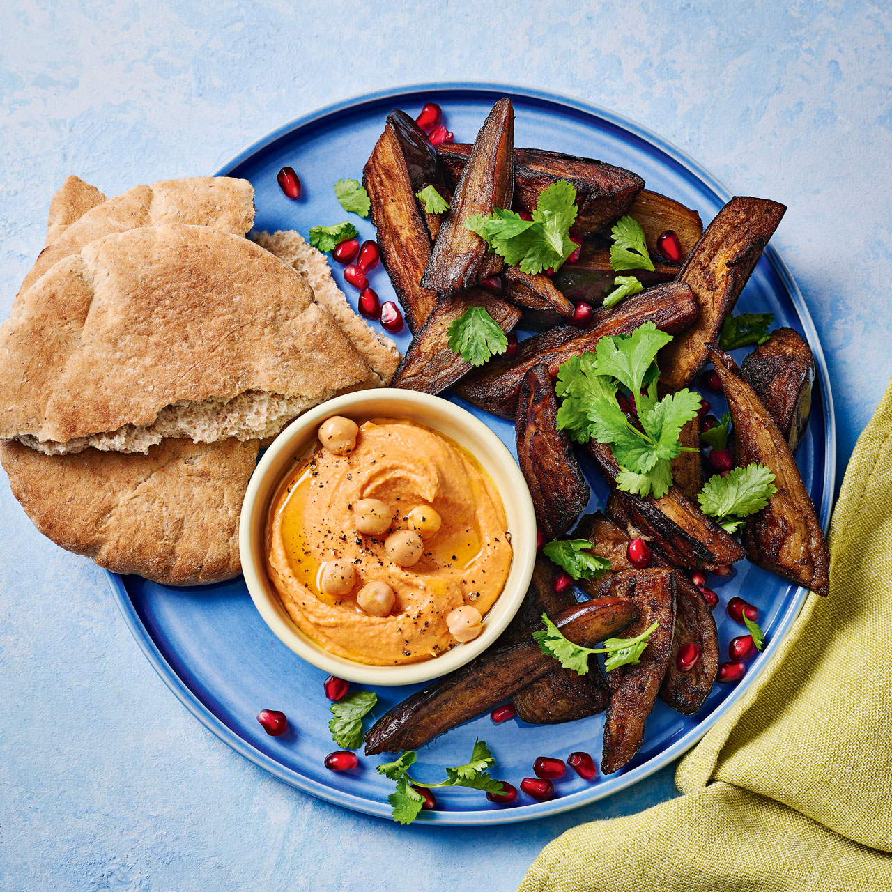 Air Fryer Crispy Aubergine with Red Pepper Houmous  
