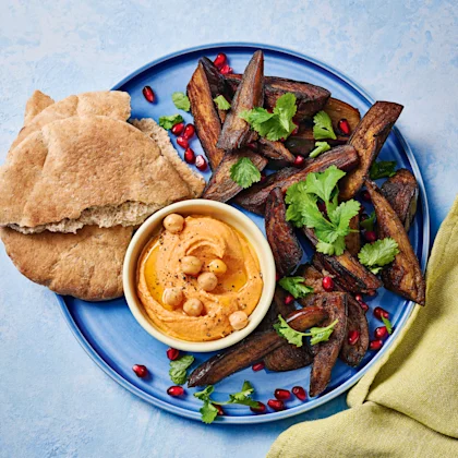 Air Fryer Crispy Aubergine with Red Pepper Houmous