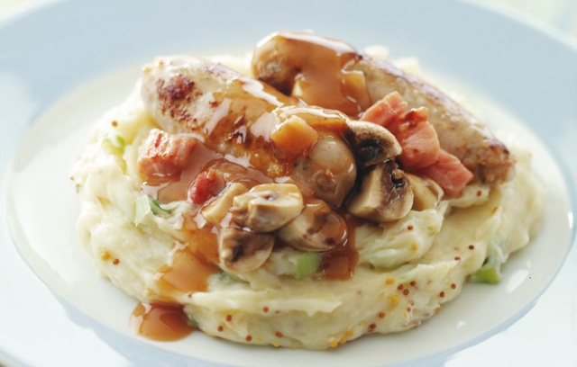 Sausages with Bacon and Mushrooms on Mustard Mash