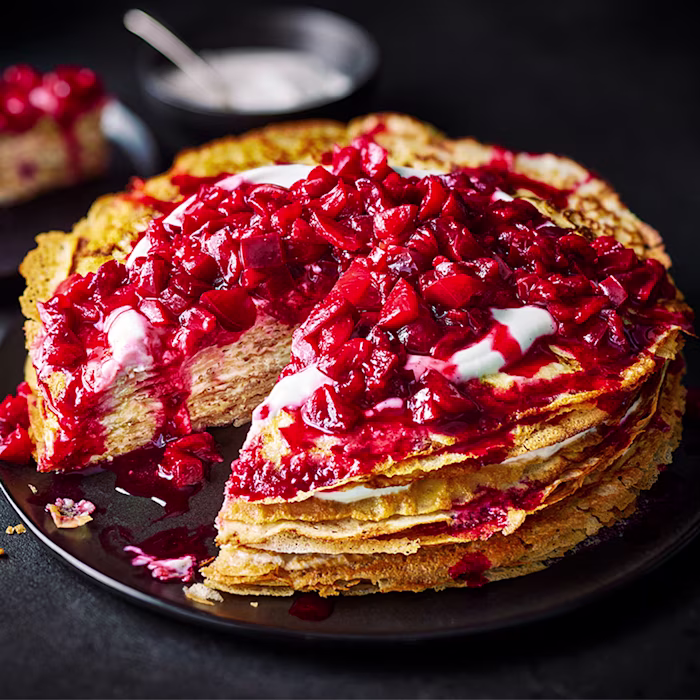 Layered Vegan Crepe Cake with Mascarpone and Plum Compote