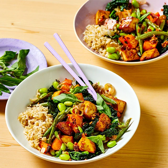 Spicy Smoked Tofu with Aubergine, Squash and Green Beans