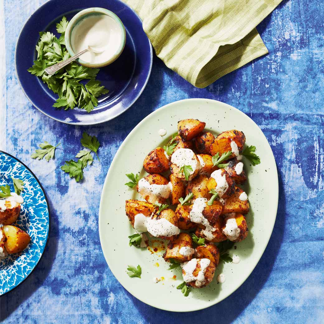  Harissa Roast Potatoes with Lemon Tahini Sauce