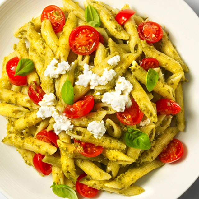 Penne with Basil Pesto, Cherry Tomatoes & Ricotta