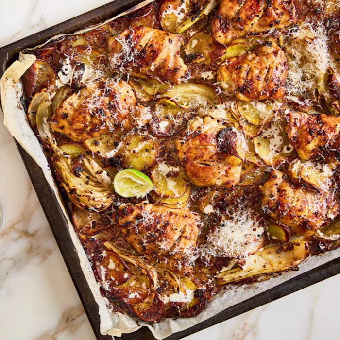 This hands-off midweek dinner by Yotam Ottolenghi combines everything in one tray - the citrus and spice blend brings the chicken to life, while the juices create a delicious sauce to be mopped up with crusty bread.