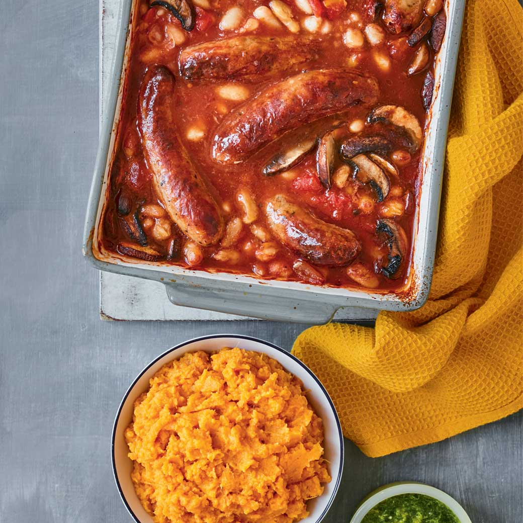 Sausage, Mushroom and Cannellini Bake with Sweet Potato Mash and Gremolata