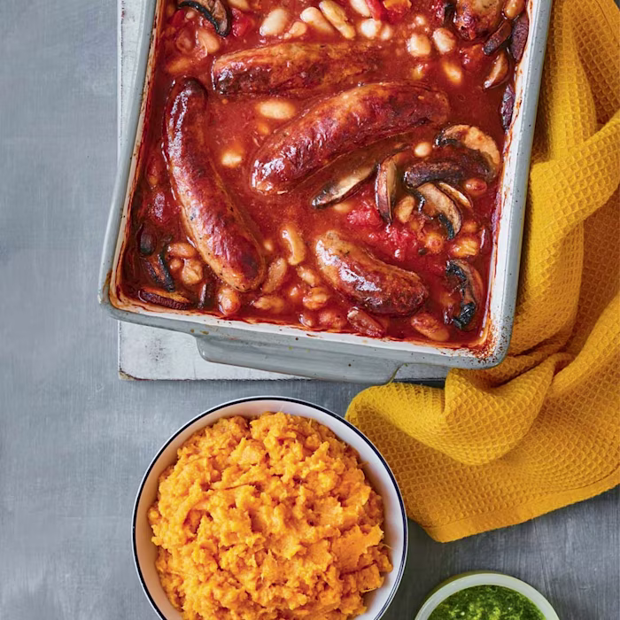 Sausage, Mushroom and Cannellini Bake with Sweet Potato Mash and Gremolata