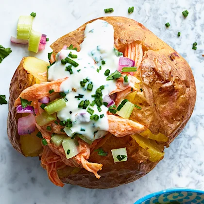 Buffalo Chicken with Celery Salsa and Ranch Dressing Jacket Potato