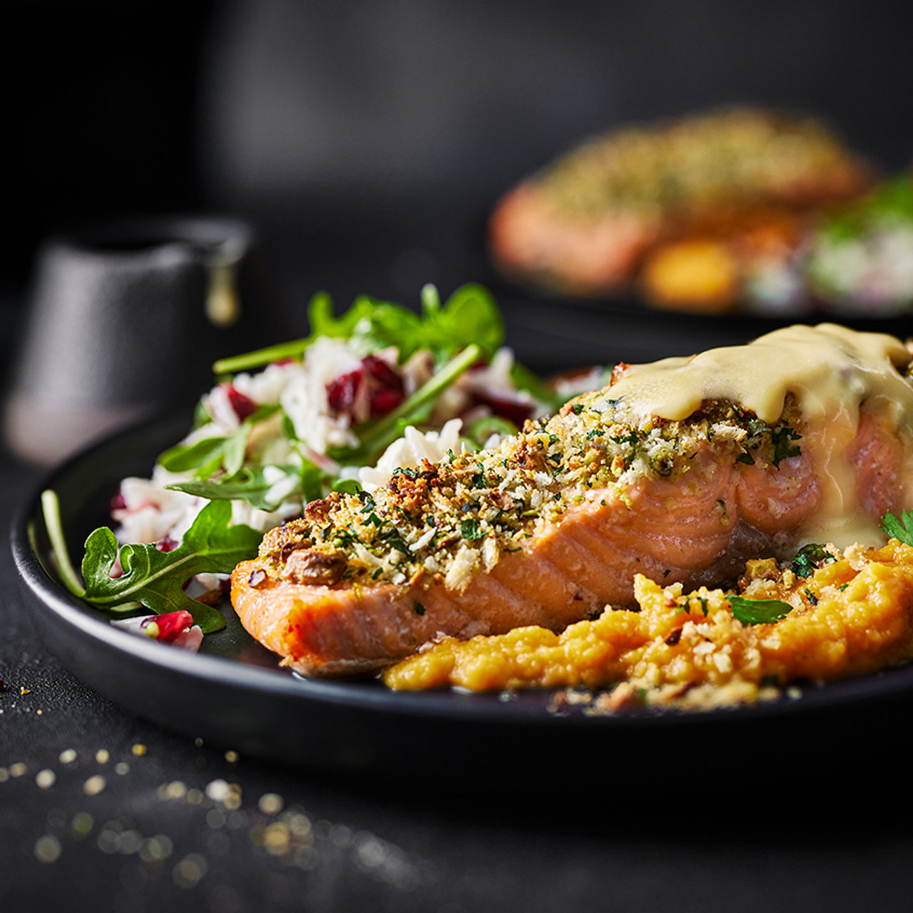 Pistachio-crusted Salmon Fillet with Feta and Pomegranate Wild Rice