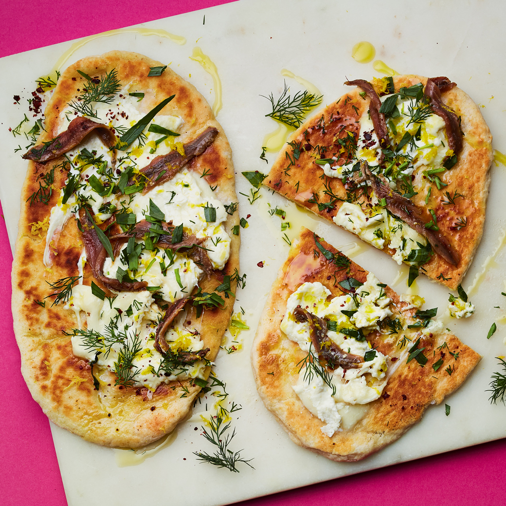 Herby Flatbreads with Burrata and Anchovies