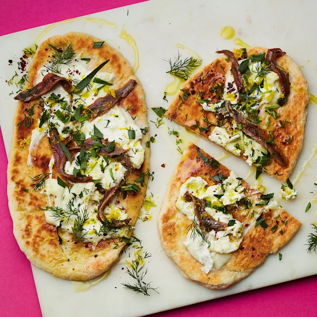 Herby Flatbreads with Burrata and Anchovies