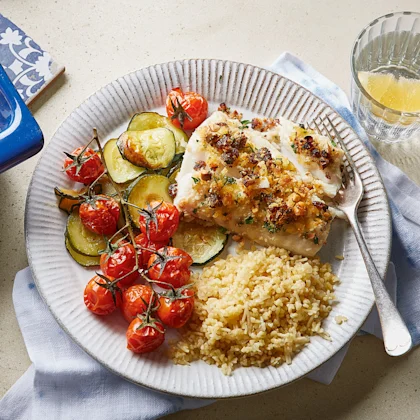 Crumbed Cod and Roasted Veg with Bulgur Wheat Pilaf