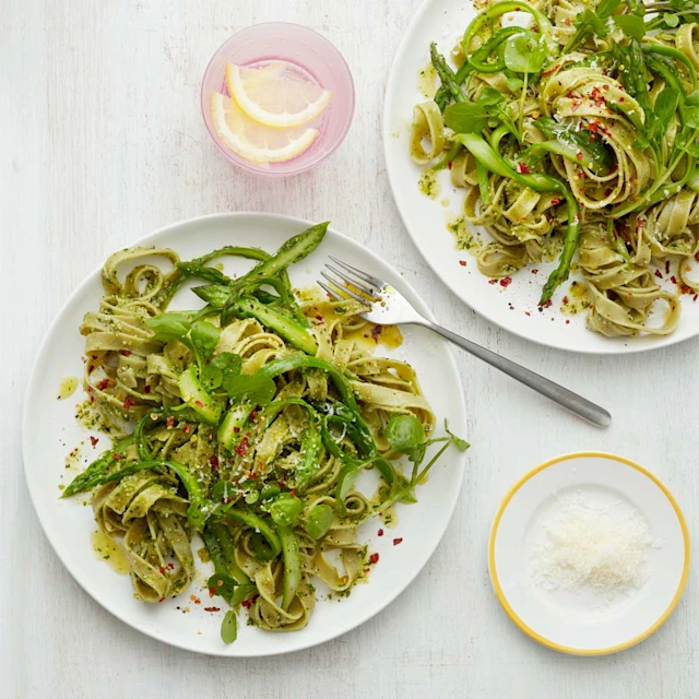 Watercress pesto and shaved asparagus tagliatelle verdi