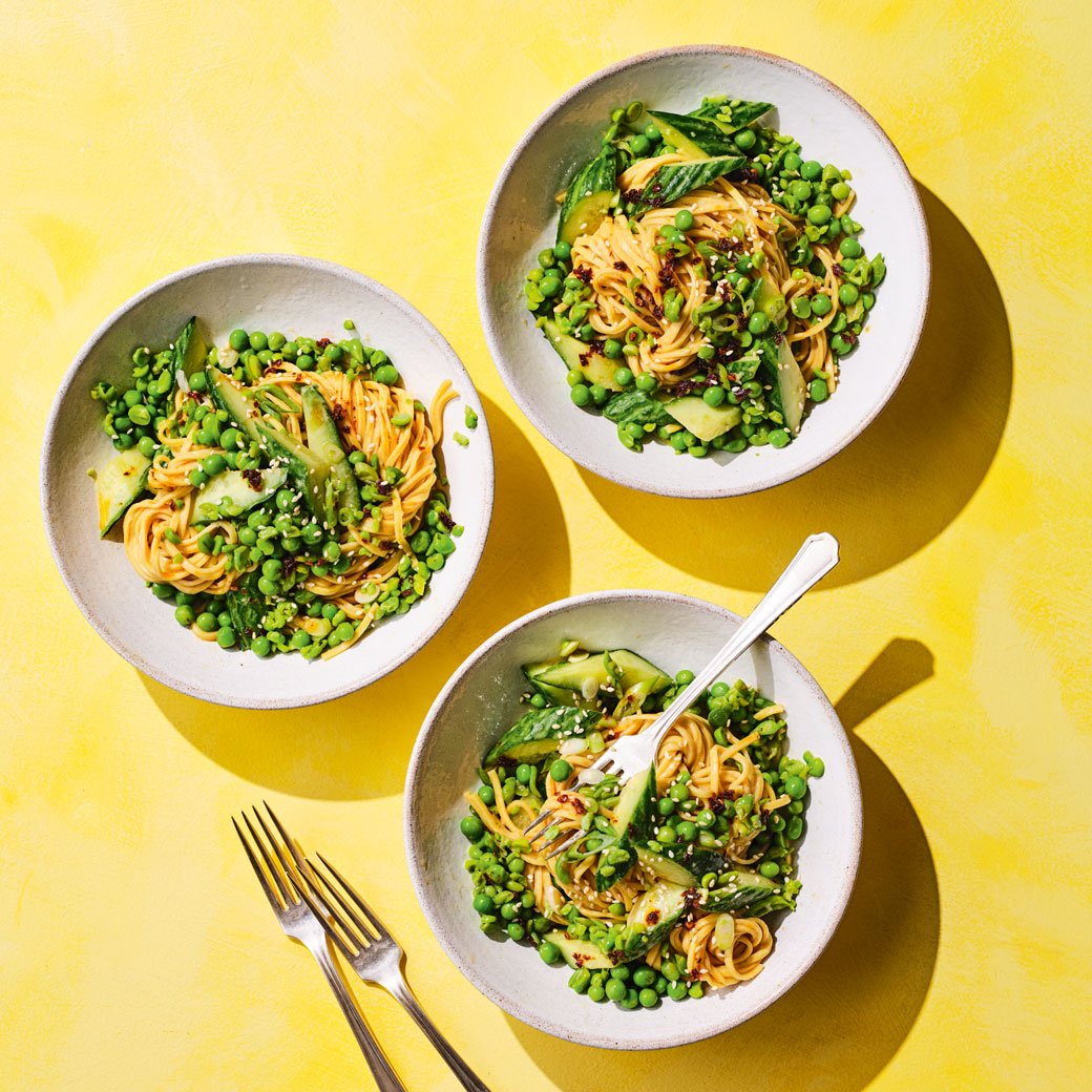 Spicy Sesame Noodles with Crushed Peas and Cucumber