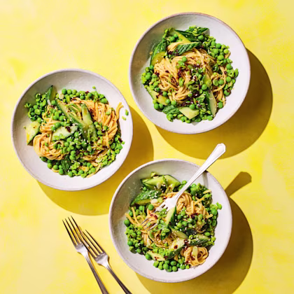 Spicy Sesame Noodles with Crushed Peas and Cucumber