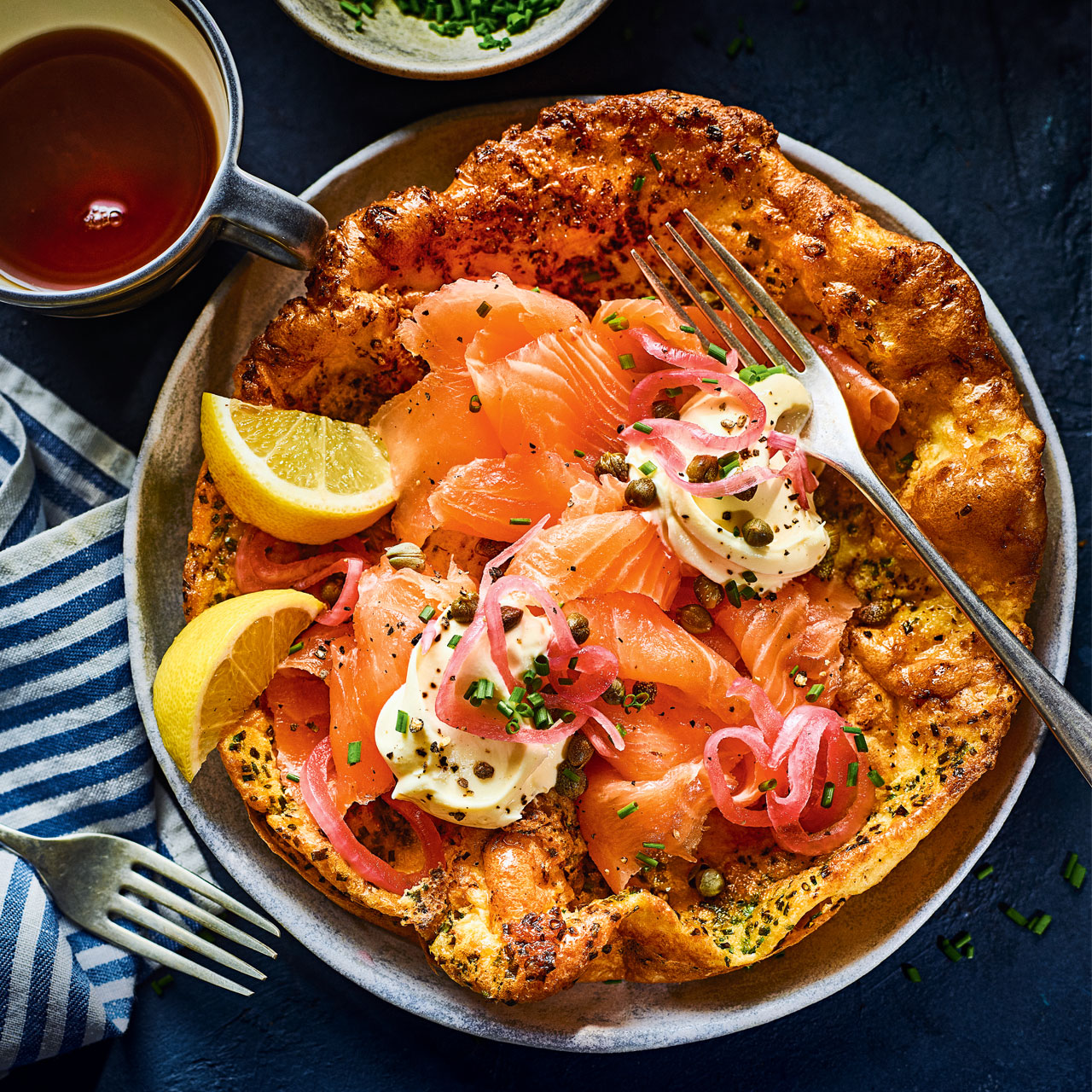 Chive Dutch Baby Pancake with Smoked Salmon and Crème Fraîche 
