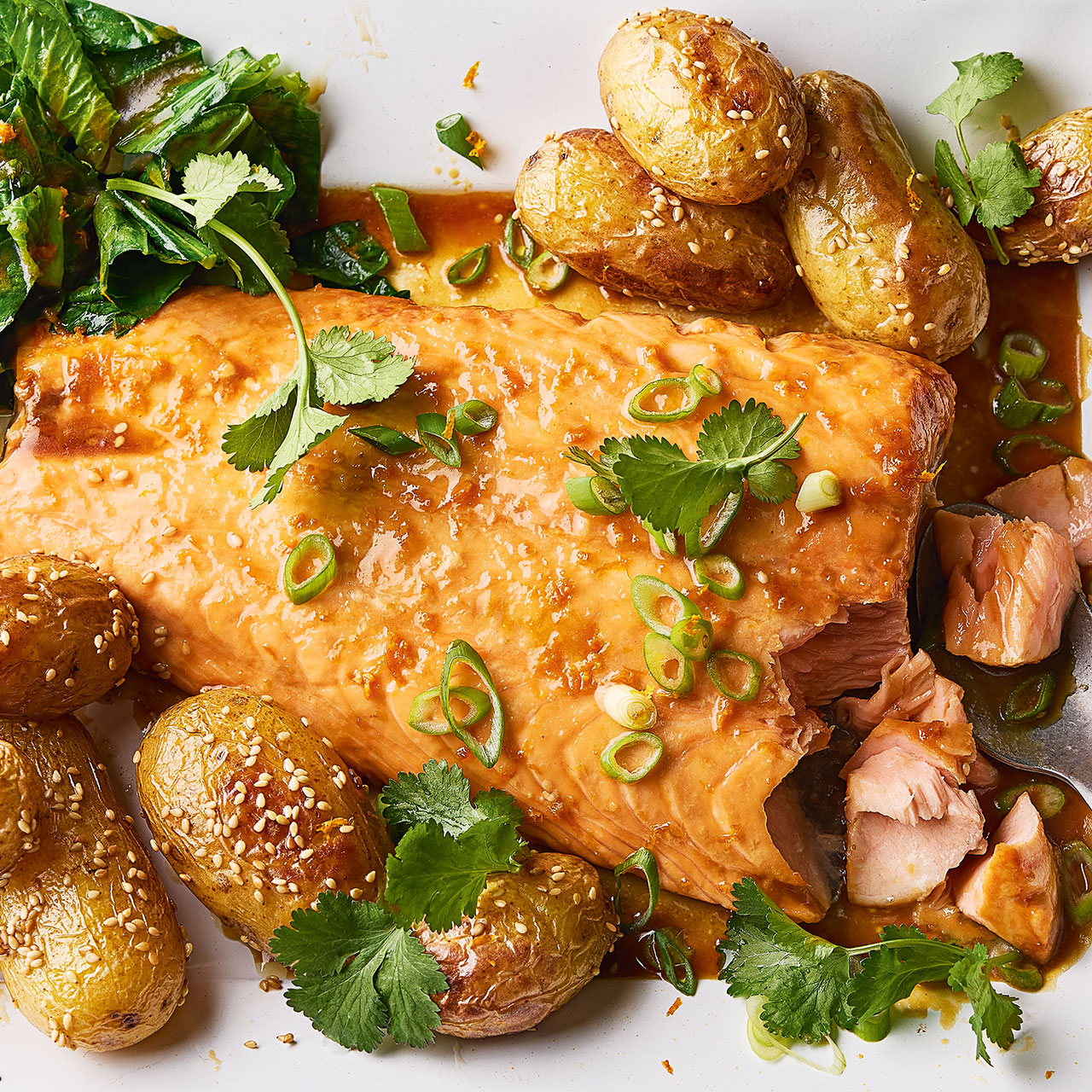 Hot Maple Butter Salmon with Baby Leaf Greens and Sesame Roasted Potatoes 