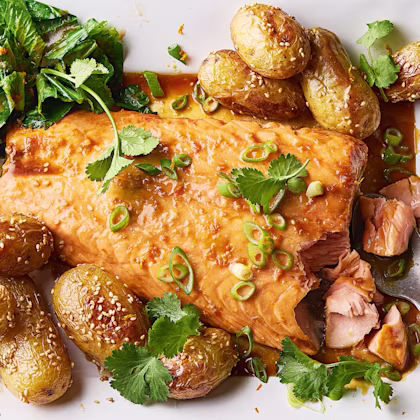 Hot Maple Butter Salmon with Baby Leaf Greens and Sesame Roasted Potatoes