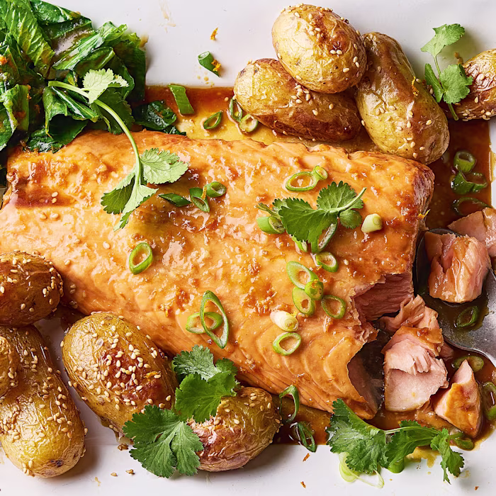 Hot Maple Butter Salmon with Baby Leaf Greens and Sesame Roasted Potatoes