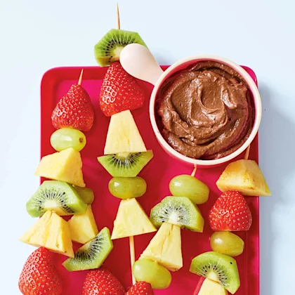 Fruit skewers with chocolate avocado dip