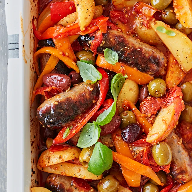 Oven Baked Sausages with Tomatoes, New Potatoes & Olives