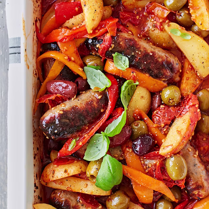 Oven Baked Sausages with Tomatoes, New Potatoes & Olives
