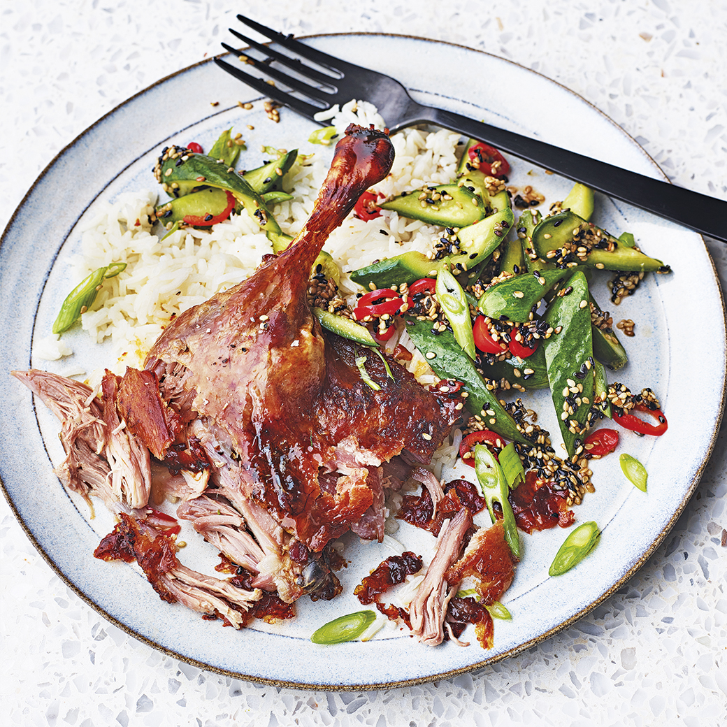 Smacked Baby Cucumbers with Crispy Duck Legs