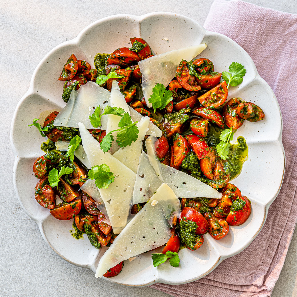 Tomato Salad with Green Chilli Piso and Manchego