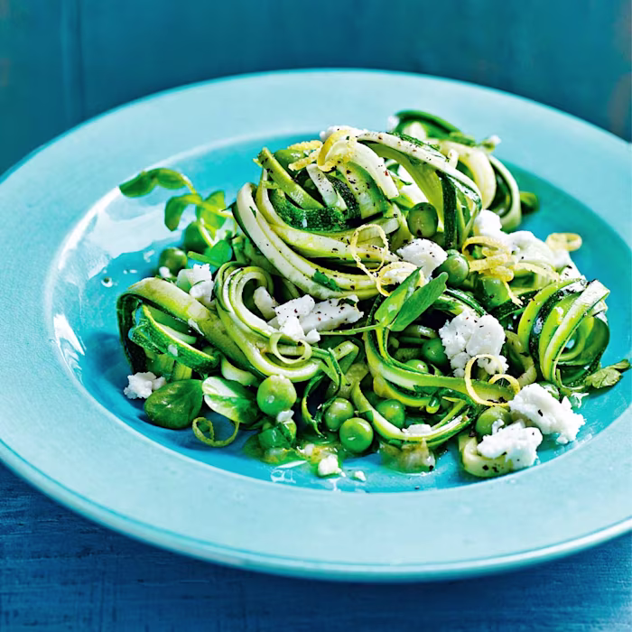 Raw Courgettes with Lemon, Feta, Pea, Mint and Pea Shoots