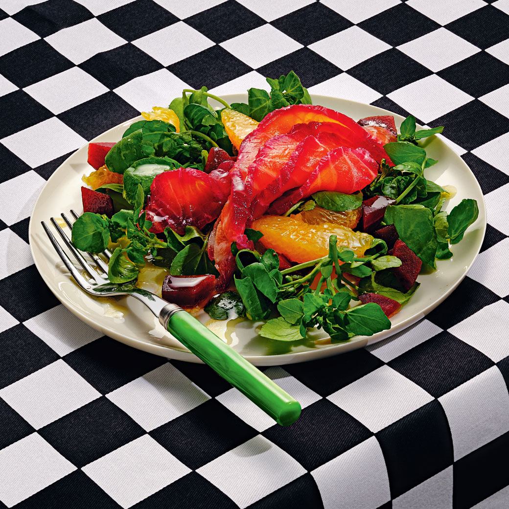 Beetroot-cured Salmon with Orange and Watercress Salad