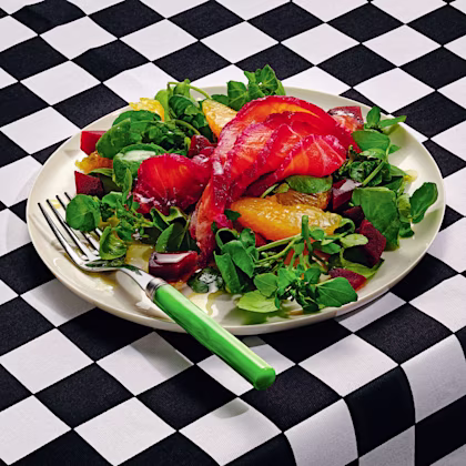 Beetroot-cured Salmon with Orange and Watercress Salad