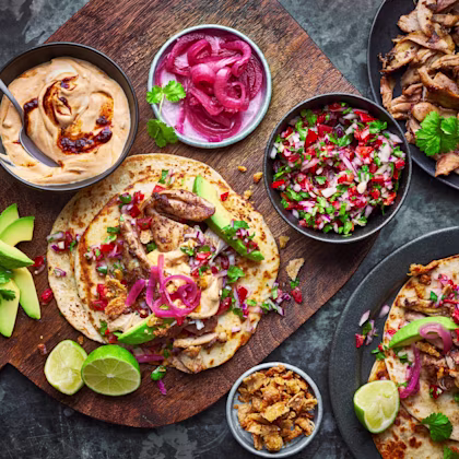 Chicken Thigh Tacos with Pickled Red Onion, Crispy Chicken Skin and Pico de Gallo