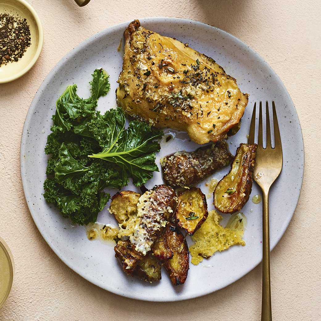Truffled Parmesan Jerusalem Artichokes and Chicken Traybake