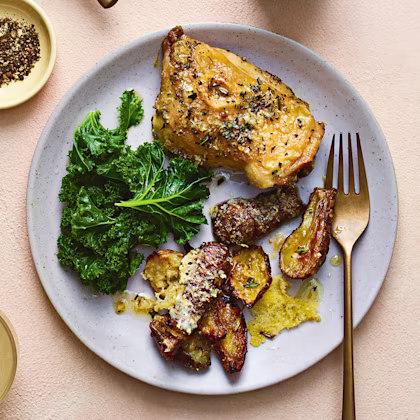 Truffled Parmesan Jerusalem Artichokes and Chicken Traybake