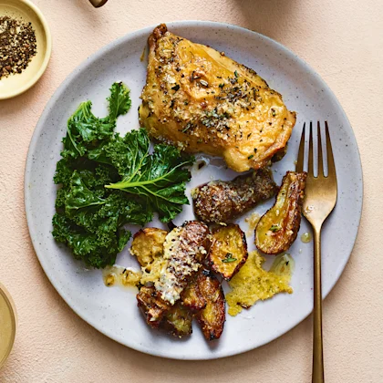 Truffled Parmesan Jerusalem Artichokes and Chicken Traybake