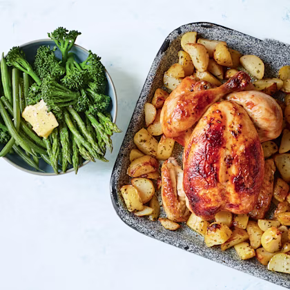 Roast Chicken and Charlotte Potatoes with Buttery Green Vegetables