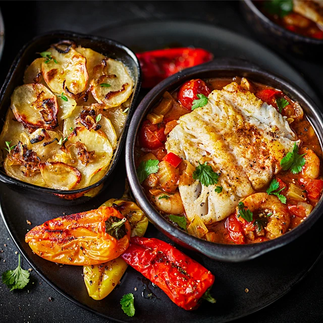 Pan-Roast Salt Cod with Bouillabaisse Sauce and Roast Baby Peppers