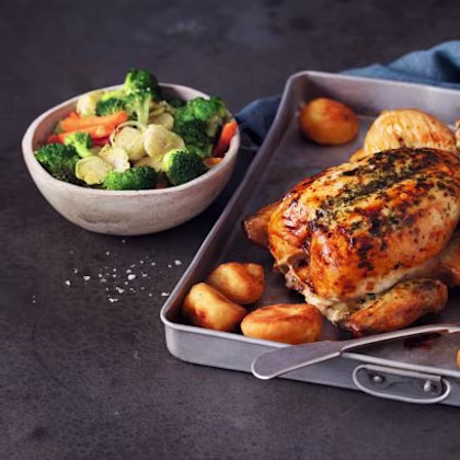 Easy Roast Chicken with Stuffing and Roast Potatoes