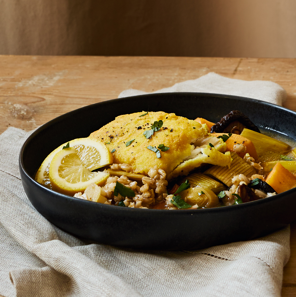 Swede, Leek and Barley Broth with Hake