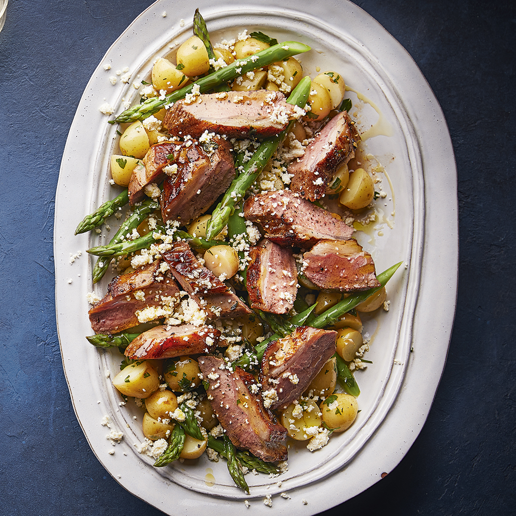Warm Lamb Salad with Potatoes, Asparagus and Requesón Cheese