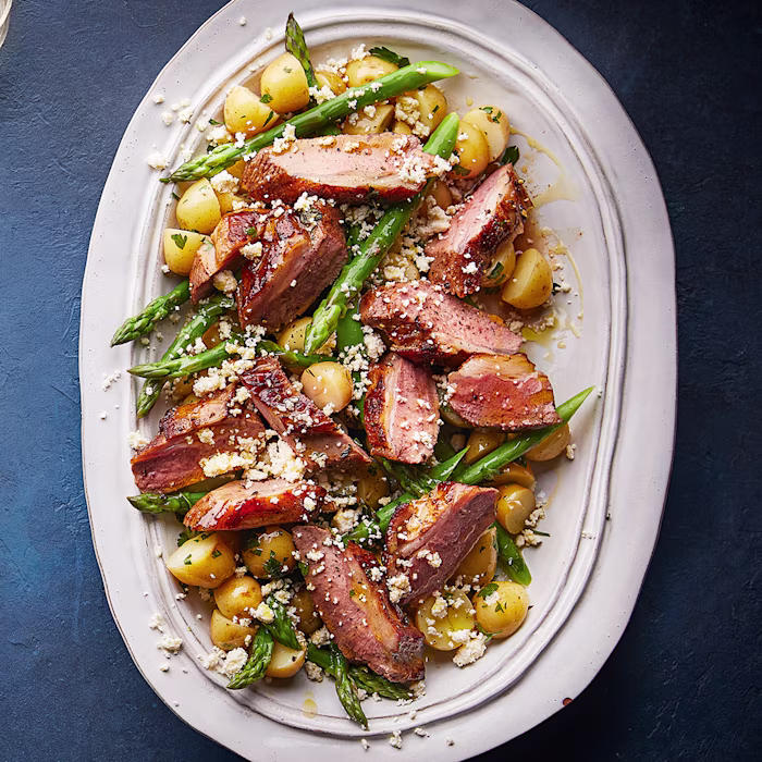 Warm Lamb Salad with Potatoes, Asparagus and Requesón Cheese