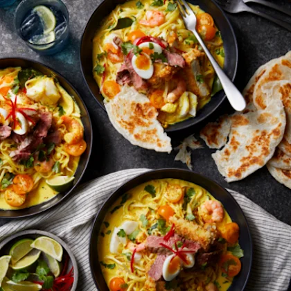 Surf & Turf Laksa Noodle Soup & Roti Prata