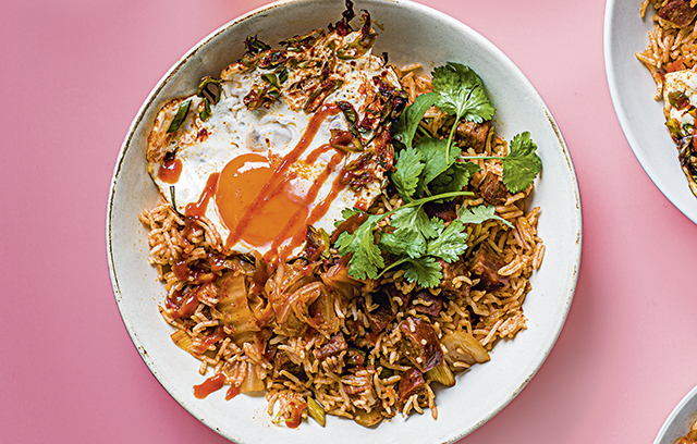 Chorizo and Kimchi Fried Rice with Frilly Chilli Fried Eggs