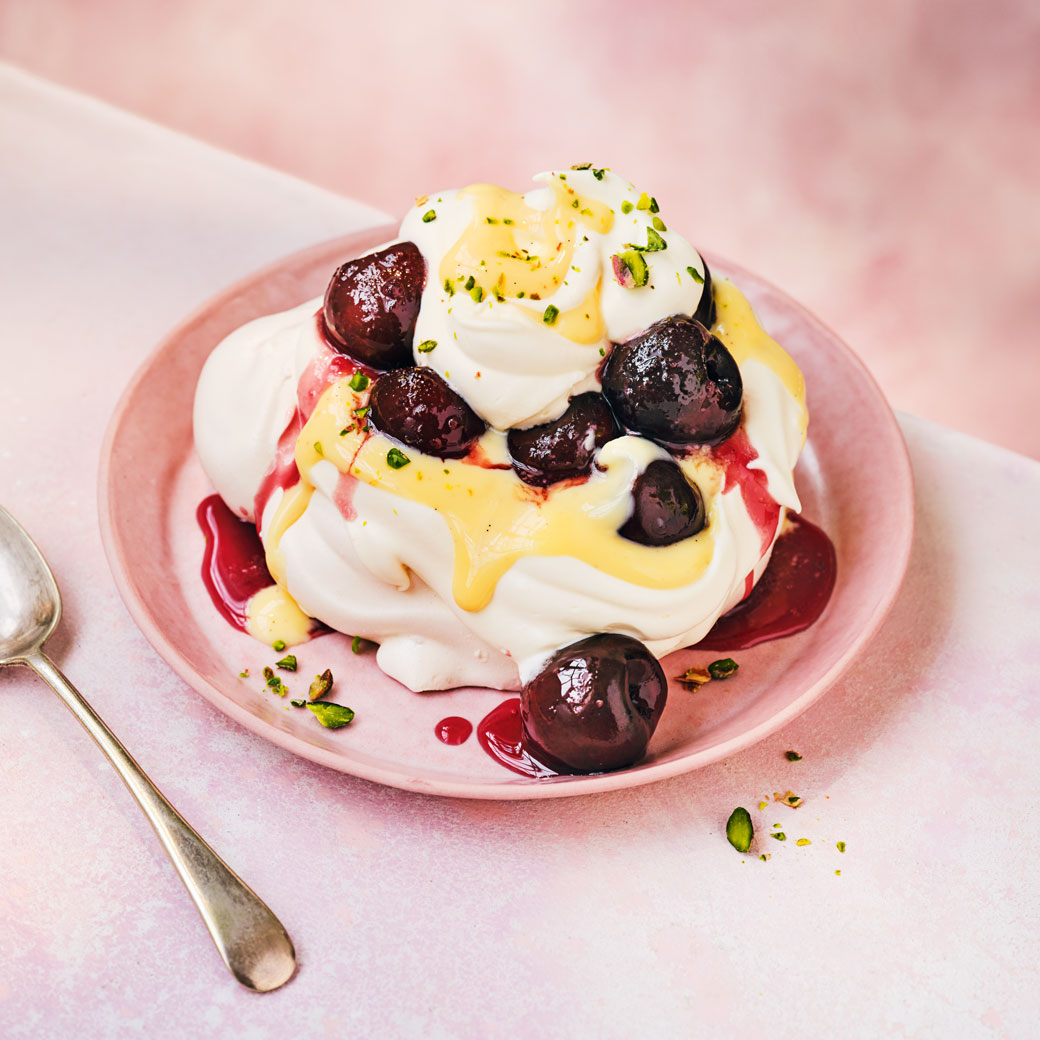 Drunk Cherry Meringues with Cream and Custard