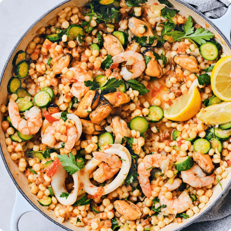 A seafood dish in a pan
