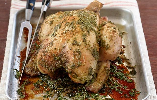 Pesto Roast Chicken with Garlic and Parmesan