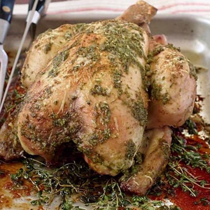 Pesto Roast Chicken with Garlic and Parmesan