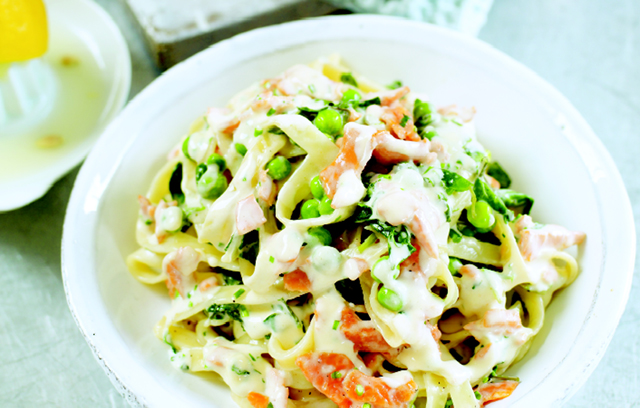 Tagliatelle with Smoked Salmon, Watercress and Peas