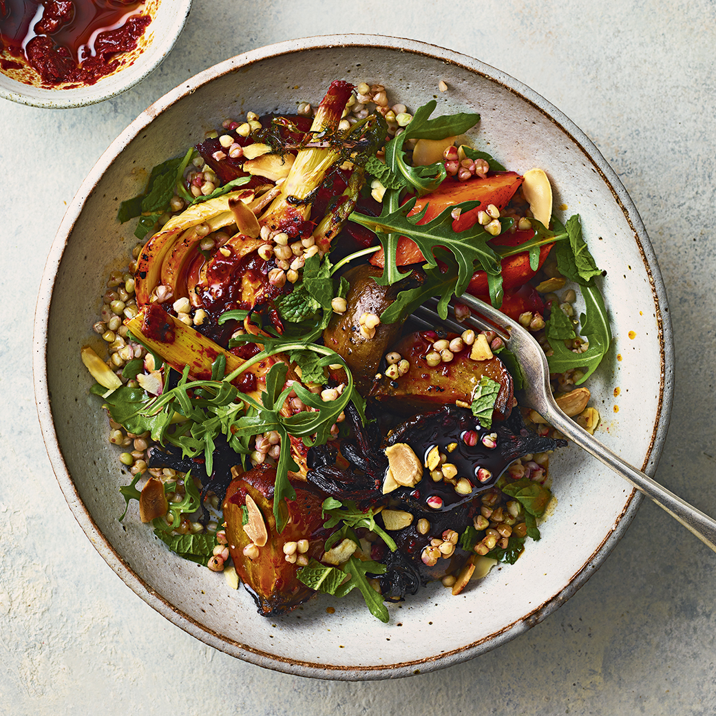 Buckwheat with Harissa Roasted Root Veg